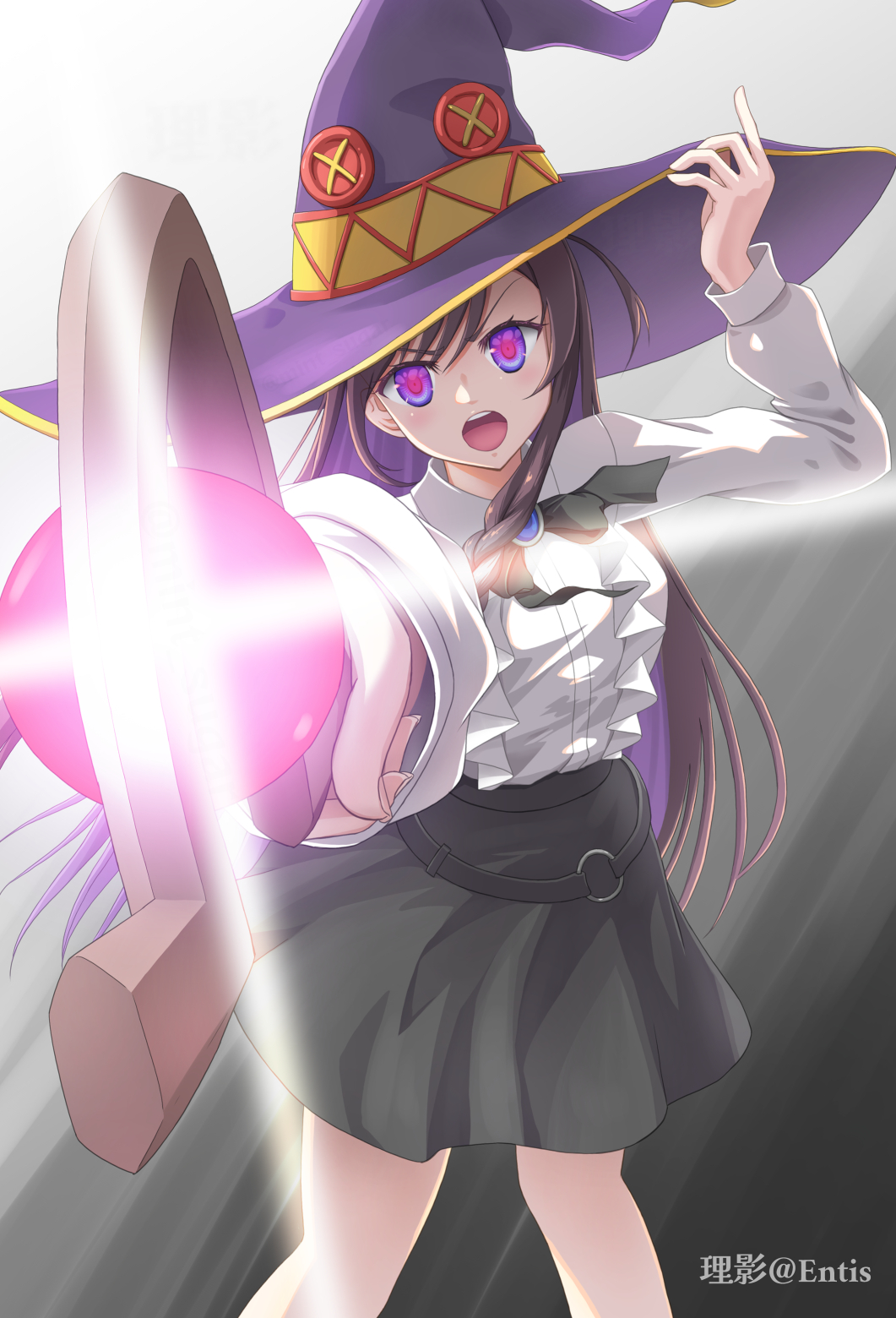 1girl, alina_clover, artist_name, black_background, black_bow, black_bowtie, black_skirt, bow