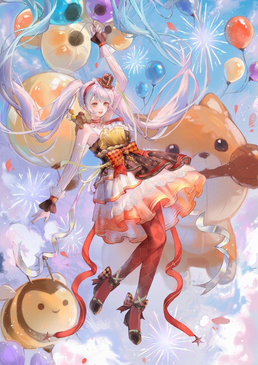 1girl, absurdly_long_hair, aircraft, argyle_bow, argyle_clothes, argyle_pantyhose, arm_cutout, arm_up, balloon, bare_shoulders, black_bow, black_dress, black_hair, black_shoes, black_wrist_cuffs, blue_sky, bow, choker, clothing_cutout, cloud, commentary, dance_till_dawn_(infinity_nikki), day, detached_sleeves, diamond_cutout, dress, english_commentary, eyelashes, fireworks, floating, floating_clothes, floating_hair, floof_(infinity_nikki), foodie_bee_(infinity_nikki), footwear_bow, frilled_dress, frilled_headwear, frilled_wrist_cuffs, frills, full_body, hairband, hat, high_heels, highres, holding, holding_balloon, hot_air_balloon, infinity_nikki, lace-trimmed_sleeves, lace_trim, light_blush, light_particles, long_hair, mini_hat, mini_top_hat, multicolored_dress, neck_ribbon, nikki_(series), open_mouth, orange_dress, outdoors, pantyhose, red_bow, red_choker, red_hairband, red_pantyhose, red_ribbon, ribbon, shoes, short_dress, signature, sky, smile, solo, stuffed_animal, stuffed_toy, teddy_bear, teeth, top_hat, twintails, twitter_username, two-tone_bow, two-tone_ribbon, two-tone_wrist_cuffs, ukaria, upper_teeth_only, vertical-striped_sleeves, very_long_hair, waist_bow, white_dress, white_hair, white_ribbon, white_sleeves, white_wrist_cuffs, wrist_cuffs, yellow_background, yellow_eyes