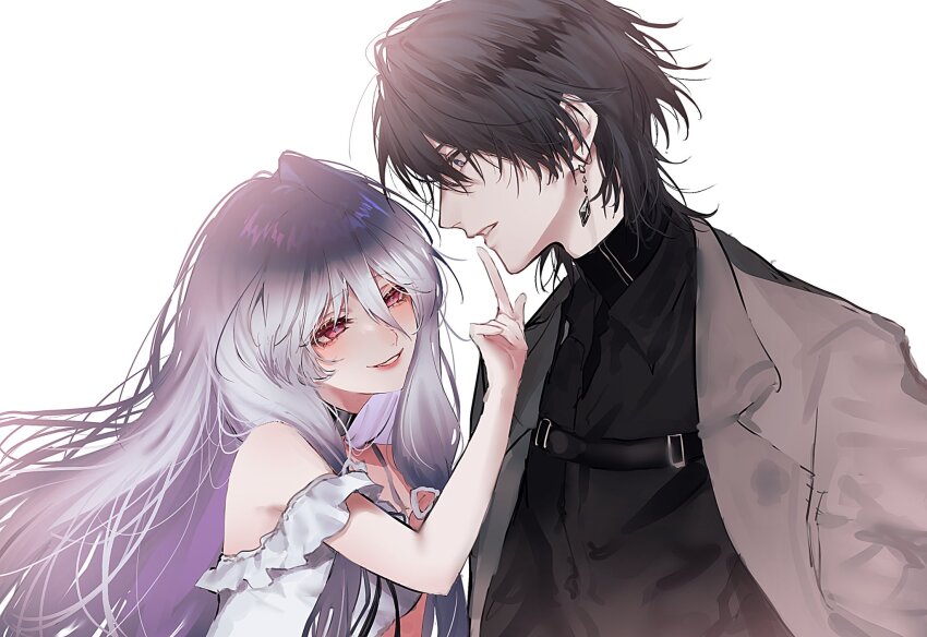 000_(path_to_nowhere), 1boy, 1girl, black_choker, black_hair, black_shirt, chemise, chest_harness