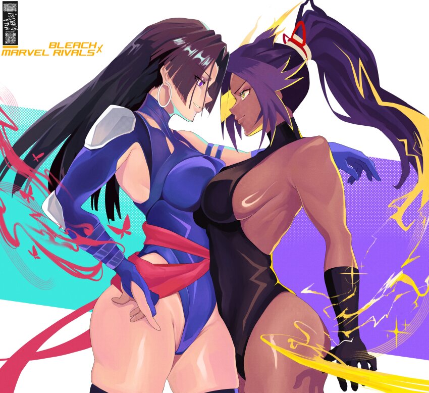 2girls, absurdres, bare_shoulders, black_hair, bleach, bleach:_sennen_kessen-hen, breasts, clash_of_breasts_(meme), crossover, dark-skinned_female, dark_skin, electricity, energy, gloves, highleg, highleg_leotard, highres, large_breasts, leotard, long_hair, marvel, marvel_rivals, multiple_girls, notaudri, parted_bangs, ponytail, psylocke, psylocke_(vengeance), purple_eyes, purple_hair, sash, shihouin_yoruichi, sideboob, smile, superhero_costume, thighhighs, thighs, x-men, yellow_electricity, yellow_eyes