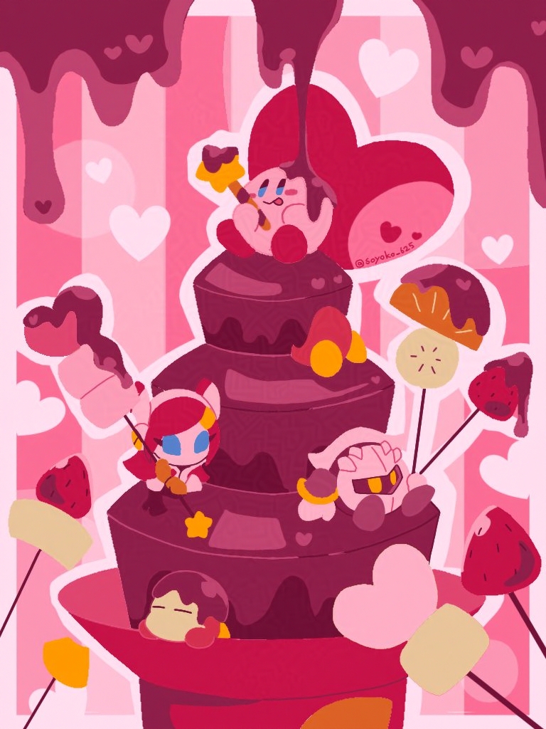 armor, blue_eyes, blush_stickers, chocolate_fountain, colored_skin, food, fruit, hair_ornament