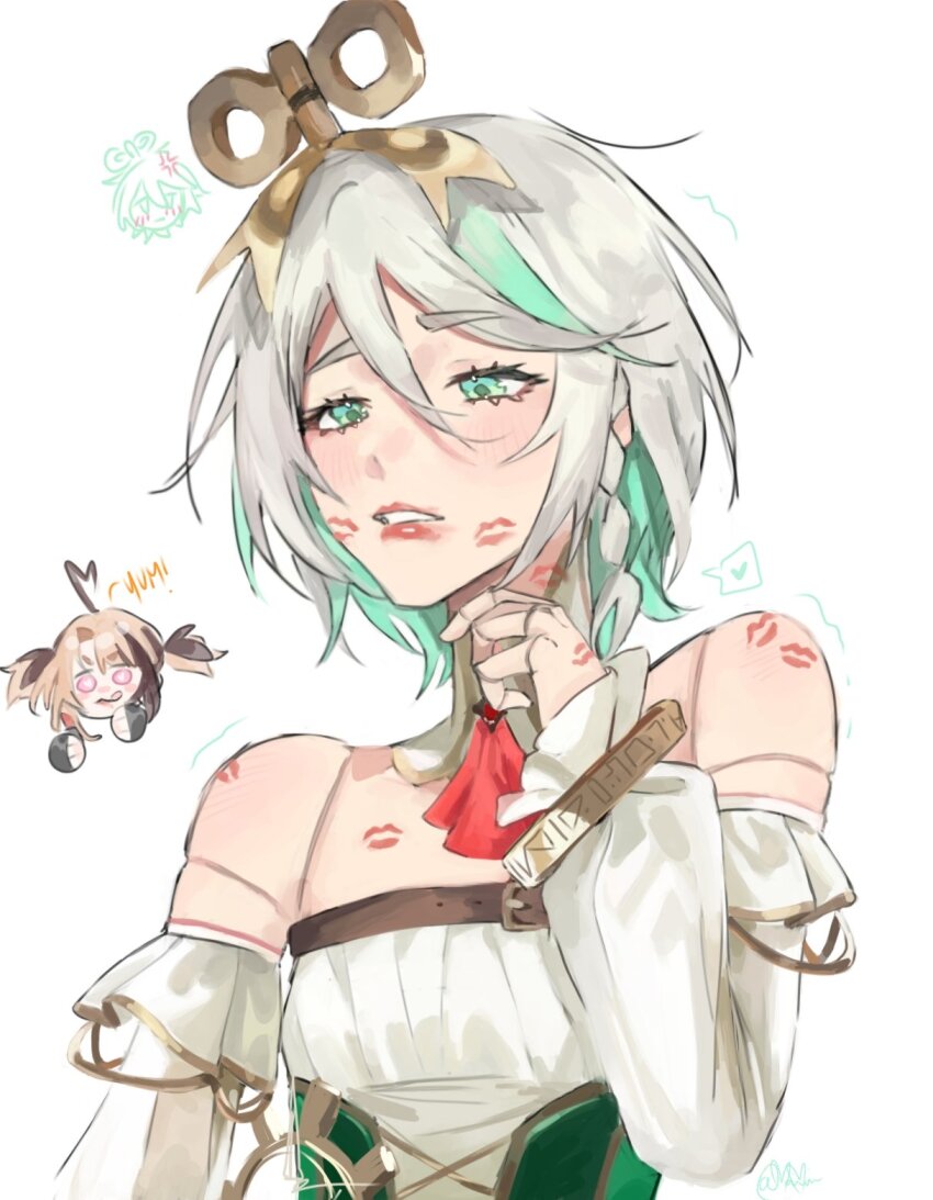 2girls, cecilia_immergreen, cecilia_immergreen_(1st_costume), corset, detached_sleeves, dress, gigi_murin, gradient_hair, green_corset, green_eyes, green_hair, grey_hair, highres, hololive, hololive_english, implied_yuri, lipstick_mark, maiemuri, multicolored_hair, multiple_girls, simple_background, virtual_youtuber, white_background, white_dress, white_sleeves, winding_key