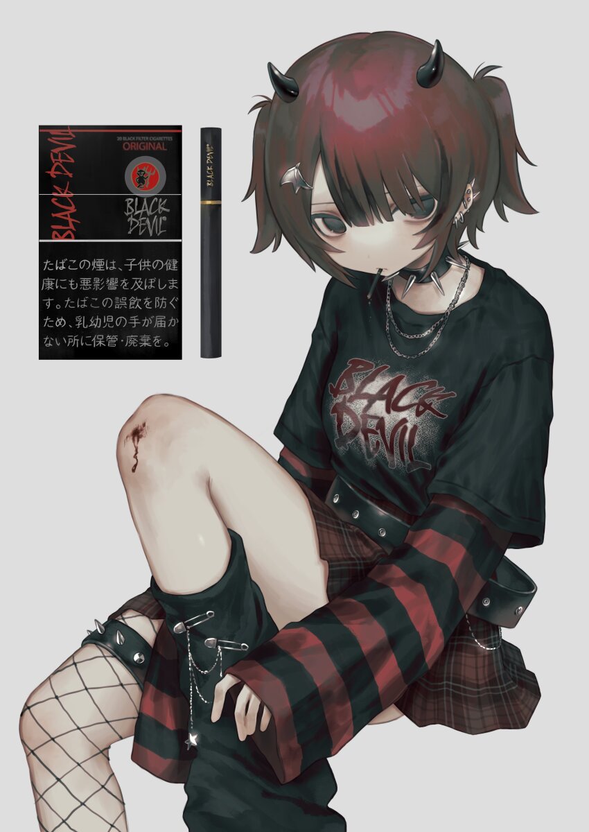 1girl, absurdres, belt, black_belt, black_devil_(cigarette), black_eyes, black_shirt, bleeding