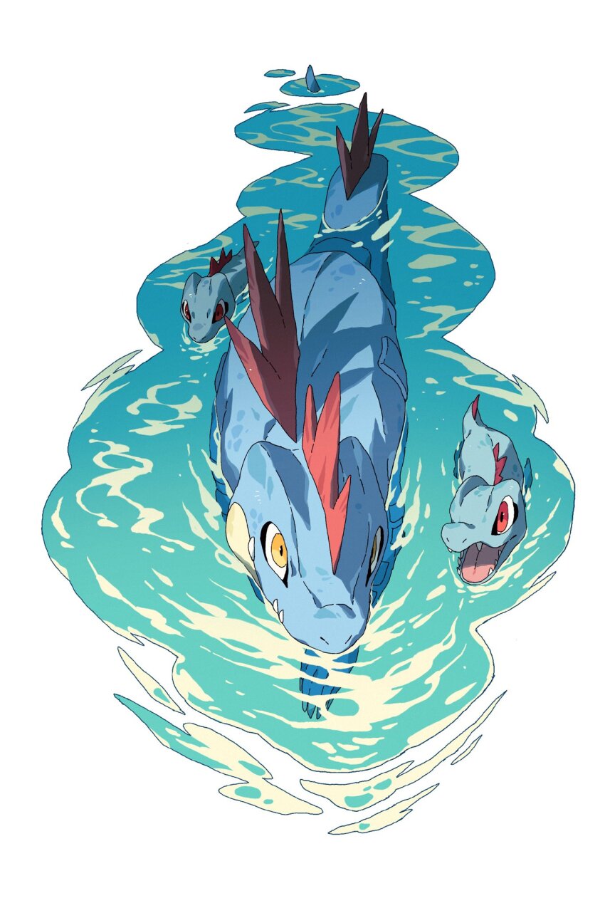 blue_skin, closed_mouth, colored_skin, commentary, fangs, feraligatr, full_body, gen_2_pokemon, highres, looking_at_another, nintendo, no_humans, open_mouth, partially_submerged, pokemon, pokemon_(creature), red_eyes, scales, sharp_teeth, size_difference, swimming, untranslatable_commentary, tail, teeth, totodile, water, white_background, wulie_errr