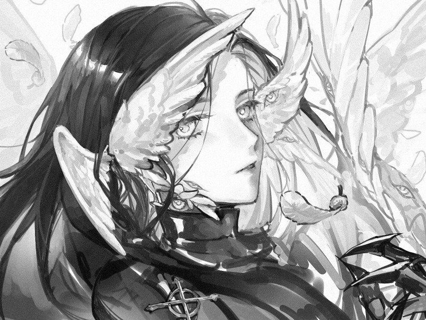1girl, angel_wings, armor, catvnuf, chinese_commentary, claws, commentary, cross, dutch_angle, extra_eyes, falling_feathers, feathers, forehead, greyscale, head_wings, highres, long_hair, looking_at_viewer, looking_to_the_side, monochrome, original, parted_bangs, parted_lips, portrait, sideways_glance, solo, wings