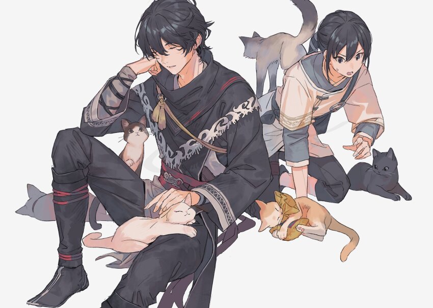 2boys, animal, animal_ears, animal_on_shoulder, arms_up, bag, black_cat, black_eyes, black_hair, cat, cat_ears, closed_eyes, closed_mouth, ebira, hair_between_eyes, hand_on_own_face, highres, holding, holding_animal, holding_cat, hua_tuo_(shin_sangoku_musou), long_hair, multiple_boys, ponytail, shin_sangoku_musou, shin_sangoku_musou_origins, short_hair, sitting, sweatdrop, tail, white_cat, wide_sleeves, wuxia, ziluan_(shin_sangoku_musou)