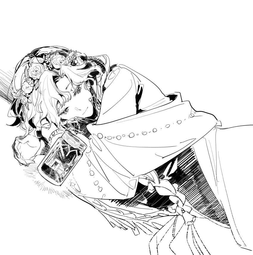 1girl, absurdres, braces, dress, dutch_angle, flower_wreath, greyscale, half-closed_eyes