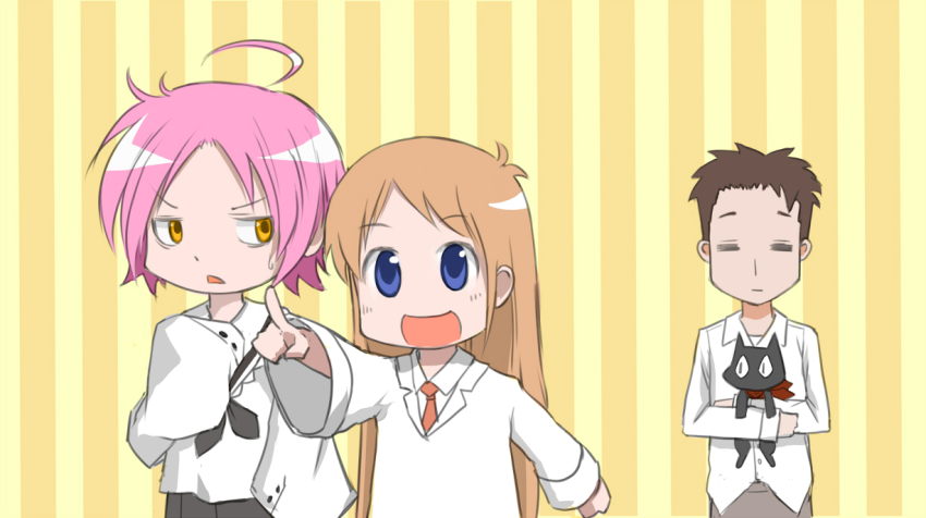 00s, 1boy, 2girls, ahoge, cat, child, crossover, dafei