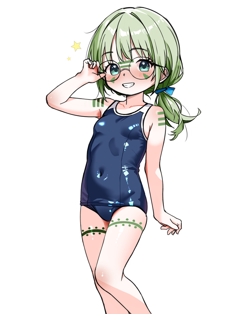 1girl, absurdres, adjusting_eyewear, alternate_breast_size, arm_tattoo, armpits, blue_hairband, blue_school_swimsuit, blush, breasts, collarbone, cunvaroy, glasses, green_eyes, green_hair, grin, hairband, hand_on_eyewear, happy, highres, leg_tattoo, loli, original, school_swimsuit, self-upload, short_hair, simple_background, small_breasts, smile, star_(symbol), swimsuit, tattoo, tessou_tsuzuri, toaru_majutsu_no_index, tribal_tattoo, white_background
