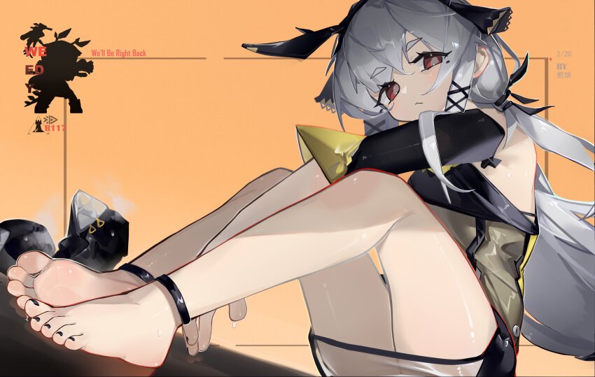 1girl, absurdres, anklet, arknights, armpits, bare_legs, bare_shoulders, barefoot, black_boots, black_nails, black_ribbon, boots, breasts, chinese_commentary, closed_mouth, commentary, detached_sleeves, feet, full_body, grey_hair, grey_pupils, hair_between_eyes, hair_ornament, hair_ribbon, highres, jewelry, knees_up, leaning_forward, legs, long_hair, looking_at_viewer, meiwei_de_jianbing, mole, mole_under_eye, nail_polish, orange_background, red_eyes, ribbon, see-through_clothes, see-through_skirt, short_eyebrows, sidelocks, sitting, skirt, small_breasts, smell, soles, solo, steaming_body, sweat, thighs, toenail_polish, toenails, toes, unworn_boots, very_long_hair, weedy_(arknights), x_hair_ornament
