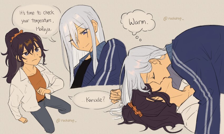 2girls, absurdres, asahina_mafuyu, black_shirt, blue_eyes, blue_jacket, brown_background, closed_mouth