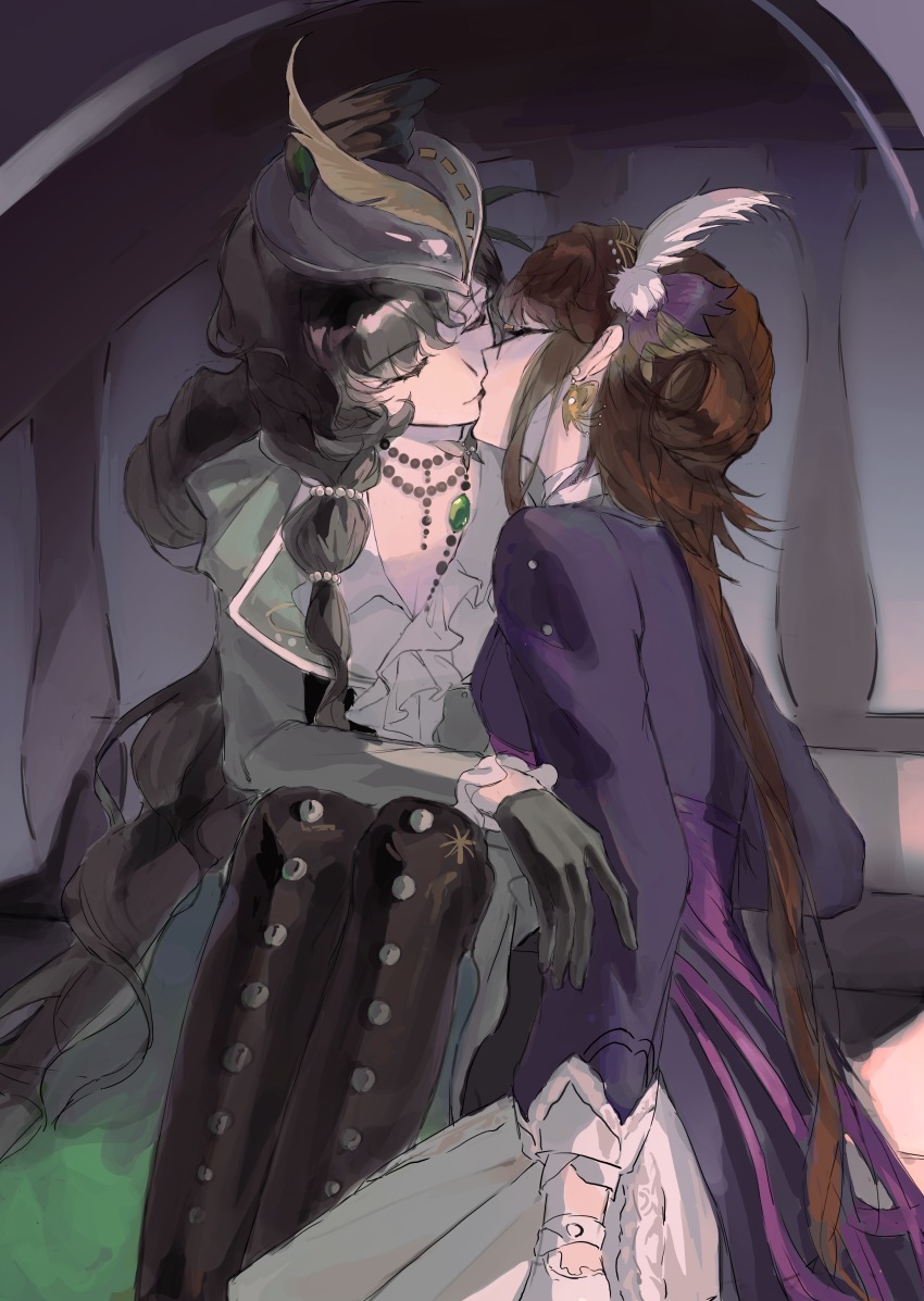 2girls, absurdres, black_gloves, black_hair, boots, brown_boots, brown_hair, closed_eyes