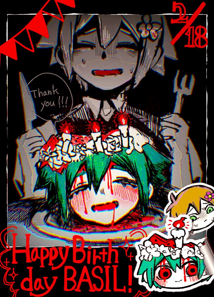 2boys, basil_(faraway)_(omori), basil_(headspace)_(omori), basil_(omori), blush, candle, fork, green_hair