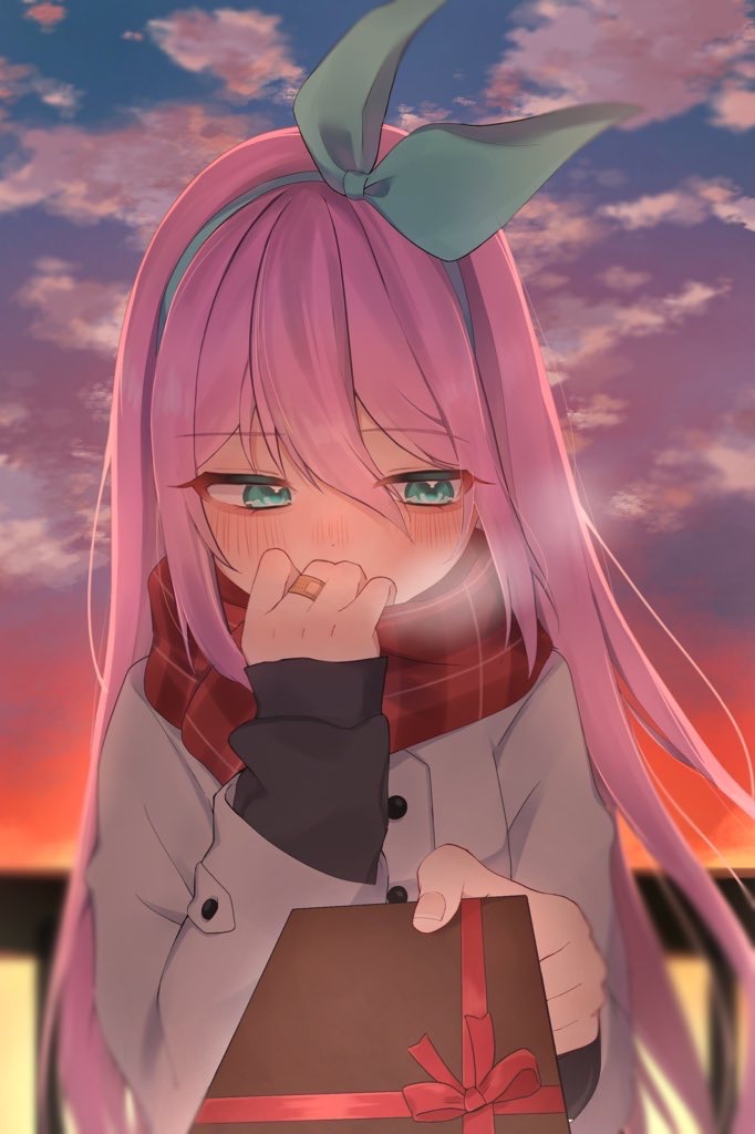 1girl, aubrey_(faraway)_(omori), aubrey_(omori), bandaid, bandaid_on_finger, bandaid_on_hand, blue_eyes, blue_hairband, cloud, coat, day, gift, grey_coat, hairband, holding, holding_gift, long_sleeves, myyp08, omori, outdoors, pink_hair, red_scarf, scarf, sky, solo