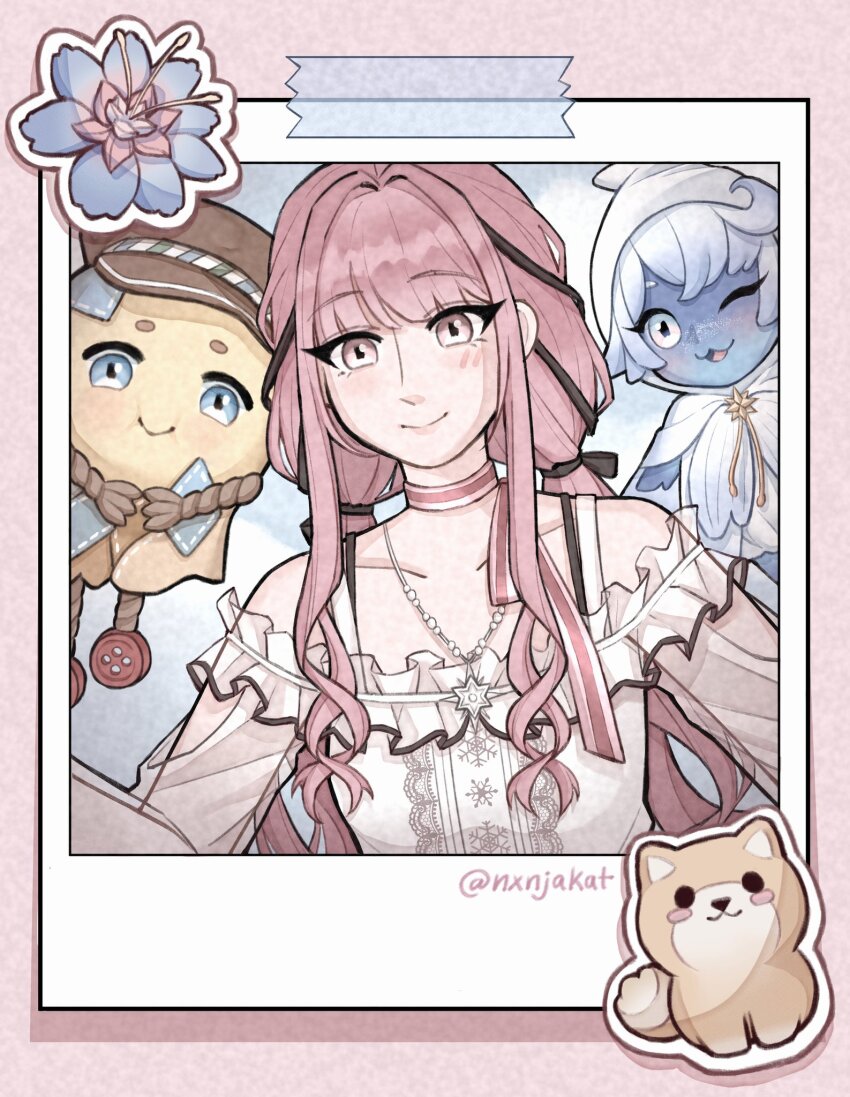 1girl, arm_cutout, bare_shoulders, bead_necklace, beads, black_bow, black_ribbon, blue_flower