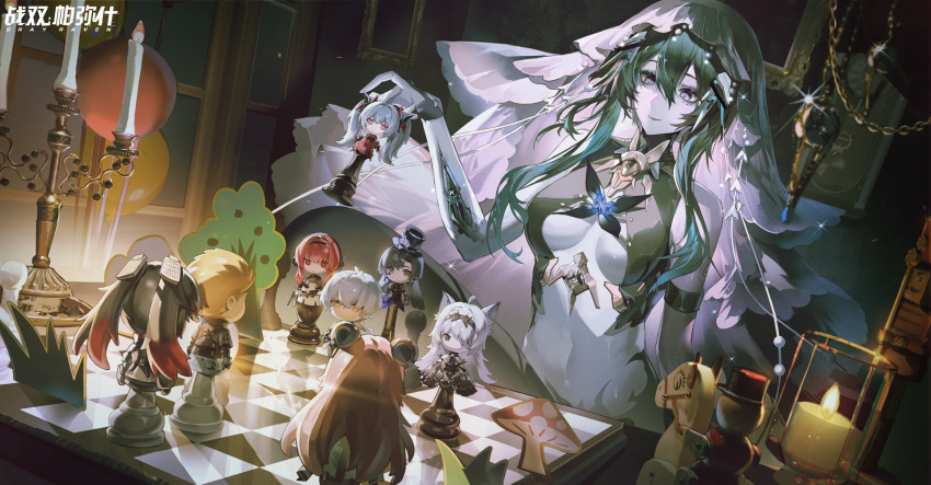 1girl, balloon, board_game, breasts, candle, candlestand, chess, chess_piece