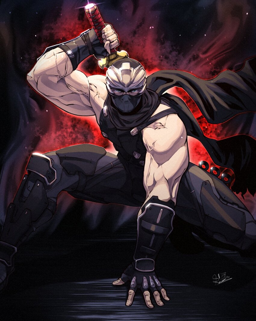 1boy, armor, artist_request, black_scarf, dragon_sword, drawing_sword, fingerless_gloves, gloves