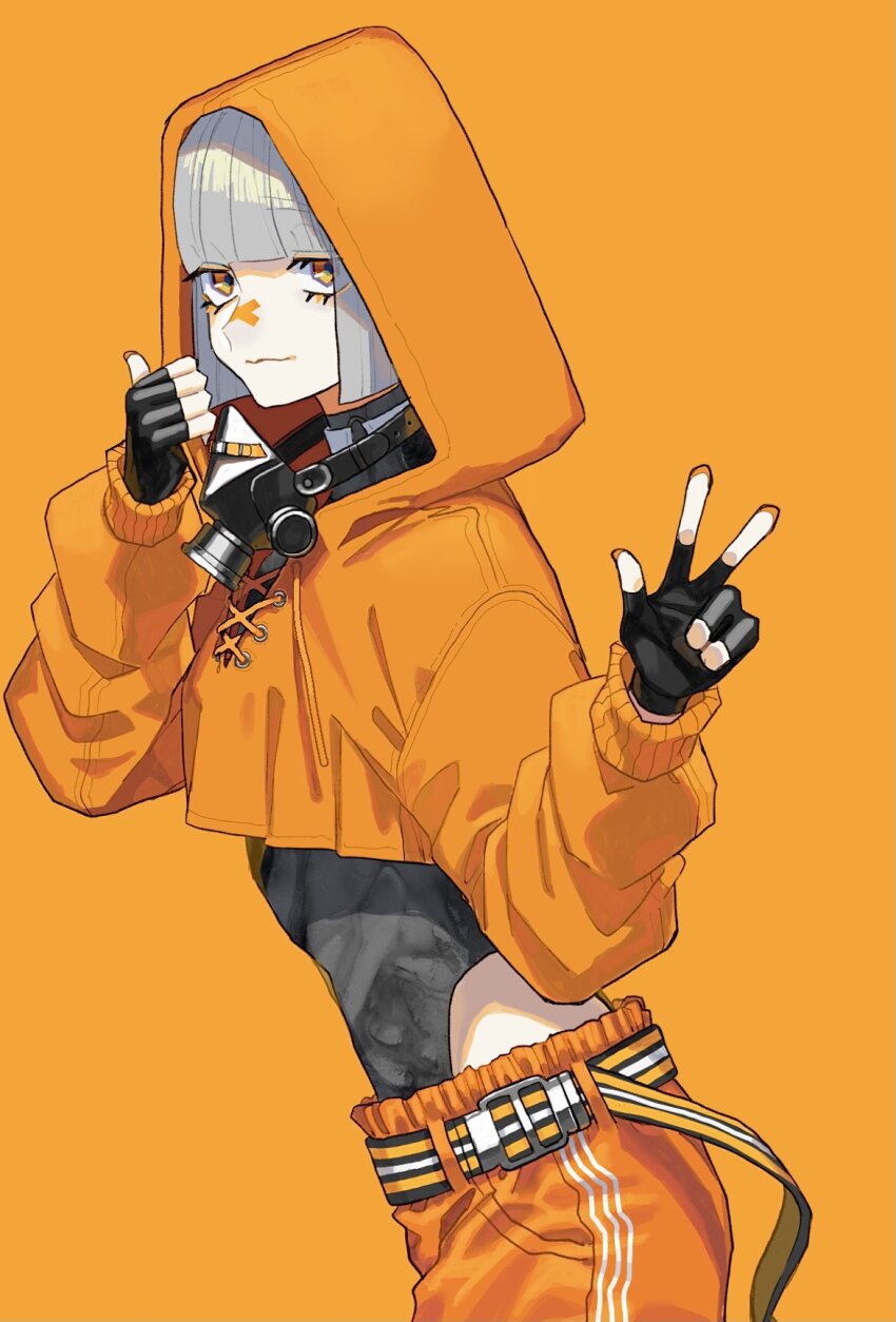 1girl, belt, black_gloves, black_leotard, blunt_bangs, blunt_ends, character_request, closed_mouth, copyright_request, cropped_hoodie, cross-laced_clothes, cross-laced_hoodie, drawstring, eyelashes, eyes_visible_through_hair, fingerless_gloves, fingernails, gloves, grey_hair, highleg, highleg_leotard, highres, hood, hood_up, hoodie, leotard, leotard_under_clothes, long_sleeves, mask, nail_polish, orange_background, orange_hoodie, orange_nails, orange_pants, orange_theme, pants, respirator, short_hair, simple_background, solo, striped_belt, w, yellow_eyes, yoshioka_suke