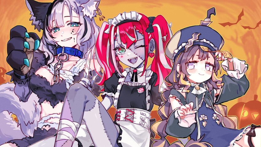 3girls, alternate_costume, alternate_hair_color, alternate_hairstyle, animal, animal_collar, animal_ears, anya_melfissa