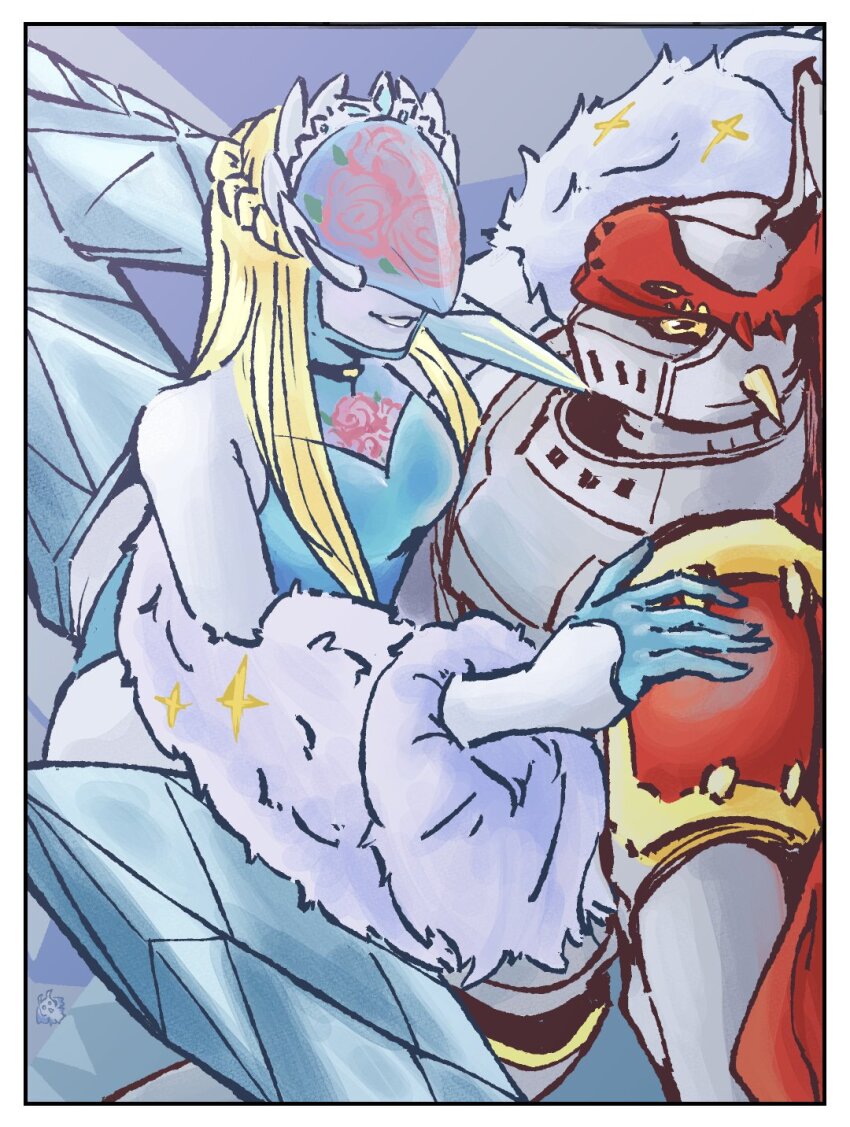 1boy, 1girl, armor, artist_request, blade_to_throat, blonde_hair, cendrillmon, covered_eyes