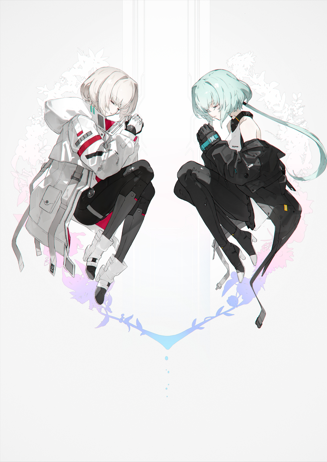 2girls, ada_(synduality), ankle_boots, black_boots, black_gloves, black_jacket, black_leggings, black_pants