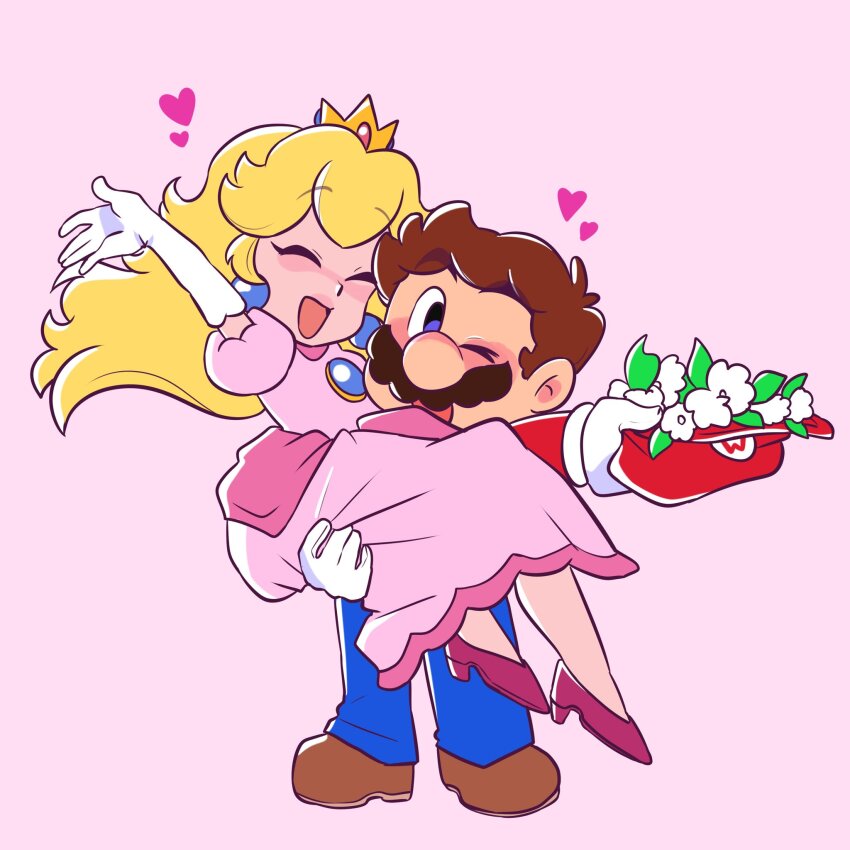 1boy, 1girl, blonde_hair, blue_eyes, brown_hair, carolinerdraws, carrying, carrying_person, chest_jewel, crown, cu_s, dress, earrings, facial_hair, flower, gloves, grin, hat, heart, high_heels, highres, jewelry, long_hair, looking_at_another, looking_at_viewer, mario, mario_(series), mustache, nintendo, one_eye_closed, open_mouth, overalls, pink_dress, princess_carry, princess_peach, smile, spoken_heart, standing, super_princess_peach, wink