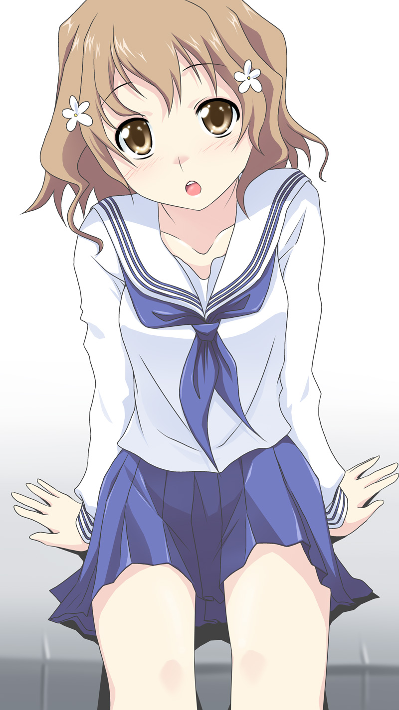 10s, 1girl, :o, arm_support, blush, brown_eyes, brown_hair, female_focus