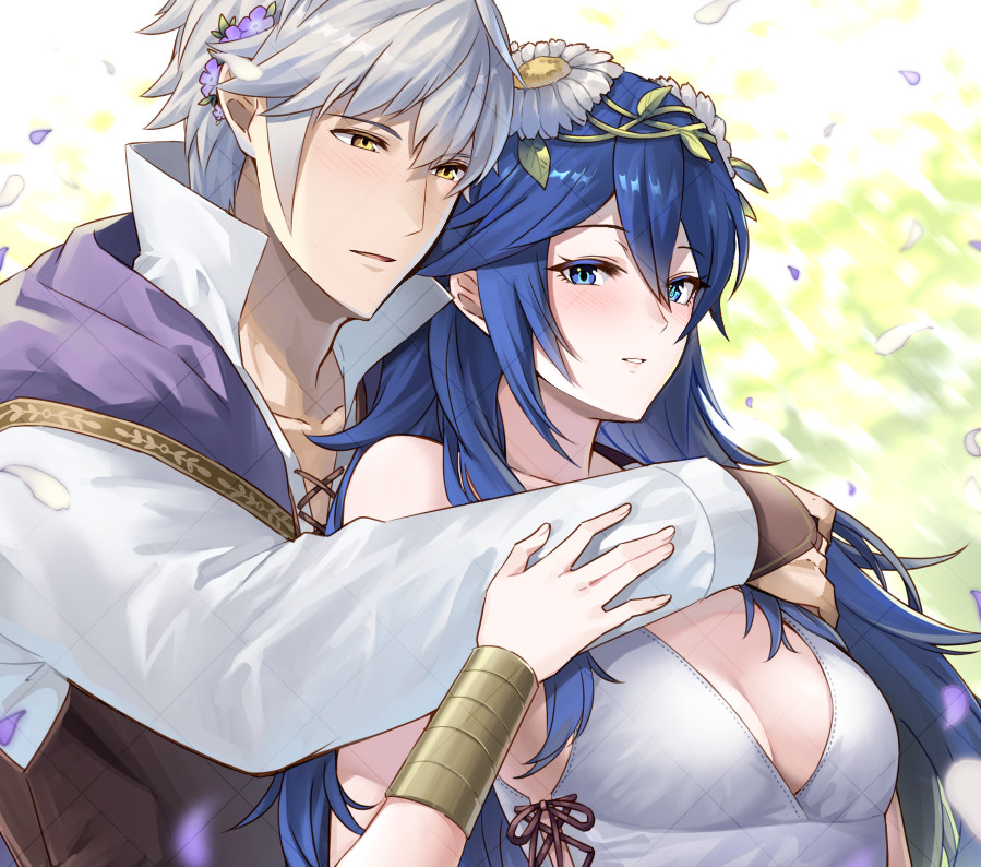 1boy, 1girl, ameno_(a_meno0), bare_shoulders, blue_hair, breasts, cleavage, commentary_request