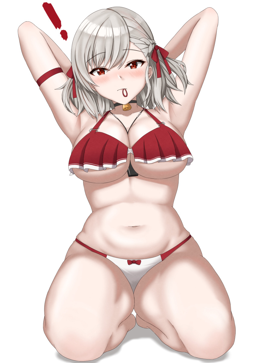 !, 1girl, absurdres, arm_strap, arms_up, bell, belly, bikini, braid, breasts, cleavage, collar, frilled_bikini, frills, girls'_frontline, girls'_frontline_2:_exilium, grey_hair, hair_ribbon, hair_tie_in_mouth, highres, jewelry, kneeling, large_breasts, looking_at_viewer, midori_mushi, mouth_hold, navel, neck_bell, necklace, plump, red_eyes, ribbon, sabrina_(girls'_frontline_2), sabrina_(strawberry_zabaione)_(girls'_frontline_2), solo, spas-12_(girls'_frontline), swimsuit, tying_hair, underboob, white_background