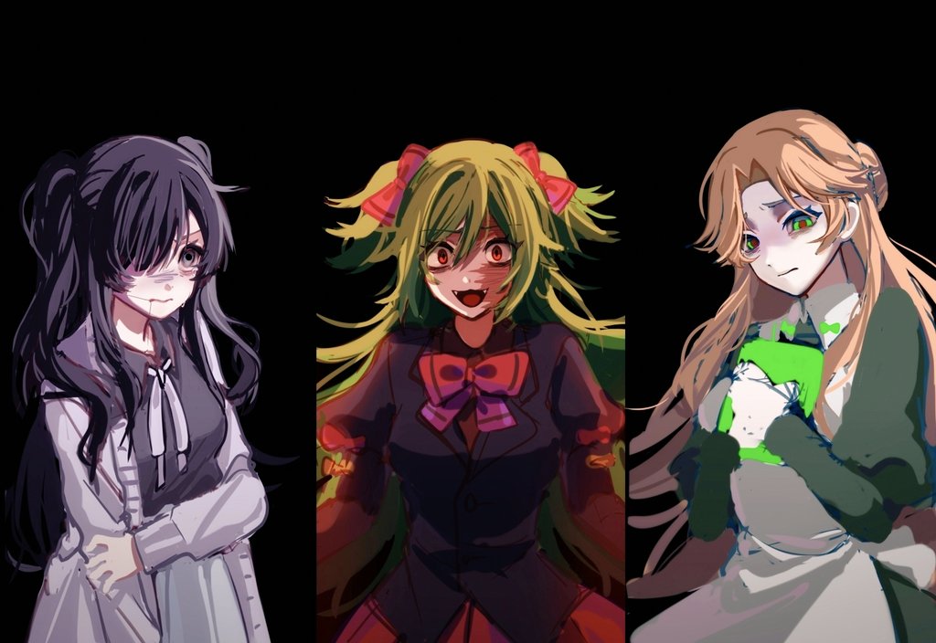 3girls, :d, apron, black_background, black_hair, black_jacket, black_shirt, book