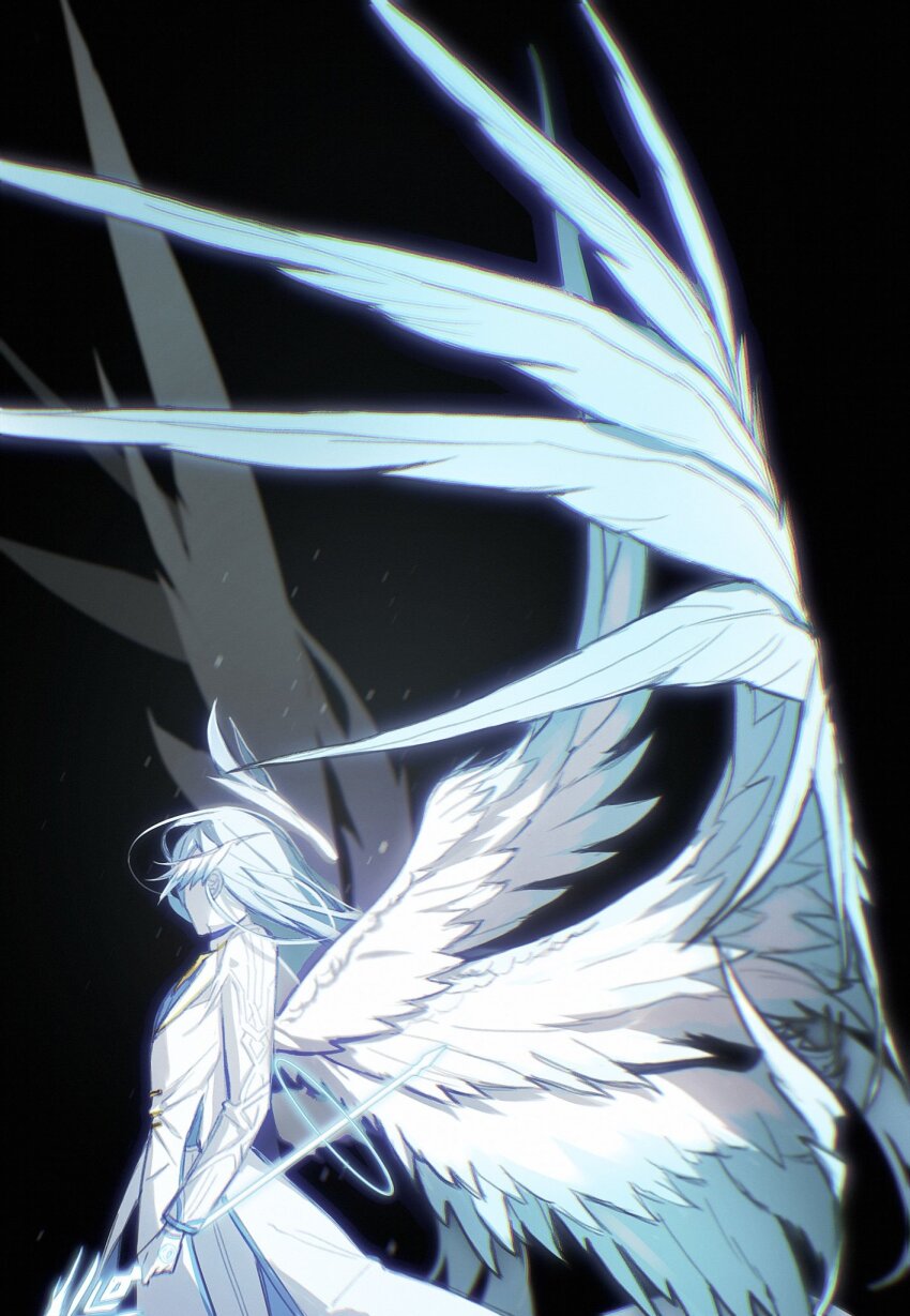 1boy, ainchase_ishmael, angel_wings, black_background, blue_hair, blue_vest, blue_wings, coat, colored_skin, cowboy_shot, elsword, facing_away, feathered_wings, from_side, gloves, gradient_wings, halo, head_wings, highres, holding, holding_sword, holding_weapon, long_hair, long_sleeves, looking_to_the_side, male_focus, multicolored_wings, multiple_wings, pants, richter_(elsword), simple_background, solo, standing, sword, very_long_hair, vest, virtual-ocean, weapon, white_coat, white_gloves, white_halo, white_pants, white_skin, white_wings, winged_halo, wings