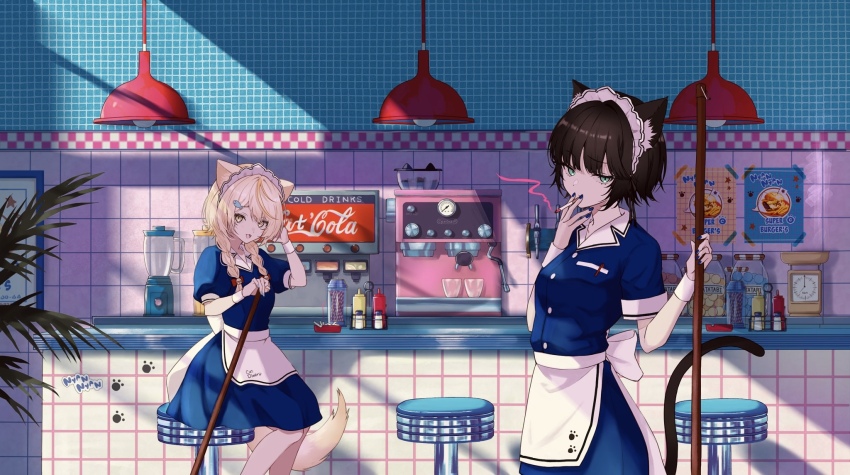 2girls, :3, animal_ears, apron, ashtray, blender_(object), blonde_hair, braid