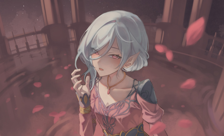 1girl, blue_hair, bracelet, column, dress, eyes_visible_through_hair, falling_petals, fence, highres, hinomori_shizuku, jangkrikz, jewelry, kono_hito_hari_ni_omoi_wo_komeru_(project_sekai), mole, mole_under_mouth, necklace, official_alternate_costume, official_alternate_hairstyle, petals, pillar, project_sekai, puffy_sleeves, red_dress, red_eyes