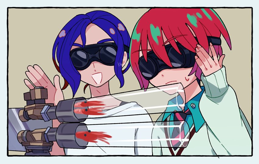 1boy, 1girl, 3_second_cooking, amate_yuzuriha, aqua_shirt, blue_hair, goggles, gundam, gundam_gquuuuuux, highres, holding, karaage_bentou_(28grtm), long_sleeves, multicolored_hair, necktie, open_mouth, parody, purple_hair, red_hair, school_uniform, shirt, short_hair, shrimp, shuji_ito, smile, striped_clothes, striped_necktie, sweatdrop, sweater, upper_body