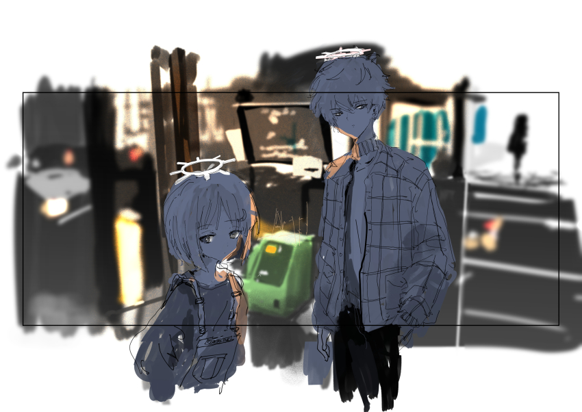 1boy, 1girl, backlighting, closed_mouth, coeiroink, commentary_request, crescent, crescent_hair_ornament