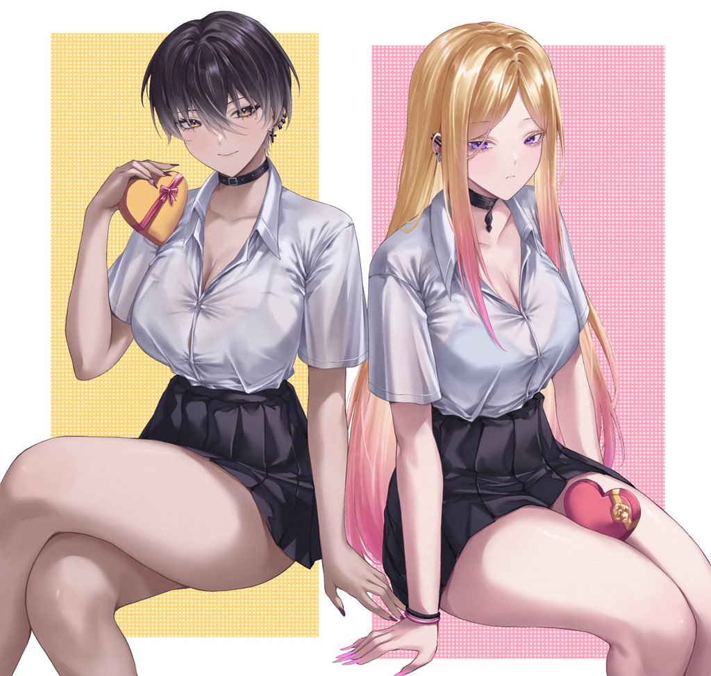 1girl, bare_legs, black_bra, black_hair, black_skirt, blonde_hair, blush, box