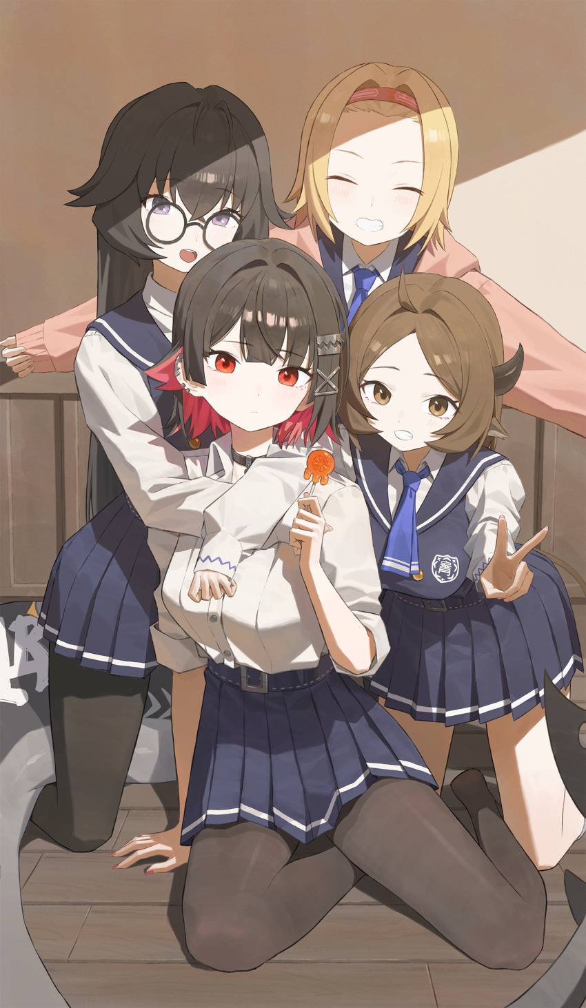 4girls, absurdres, arms_around_neck, black_hair, black_pantyhose, blonde_hair, blue_skirt, blush