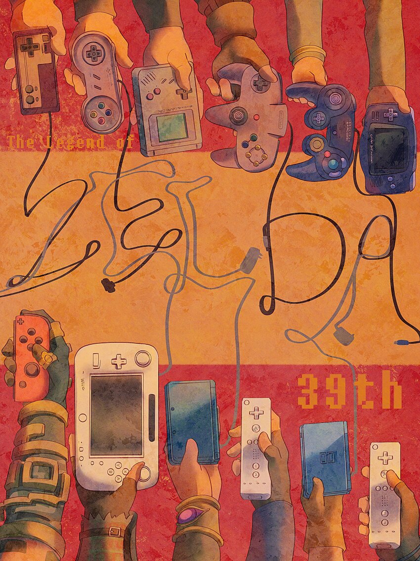 6+boys, absurdres, anniversary, annotation_request, bracelet, brown_gloves, commentary_request, controller