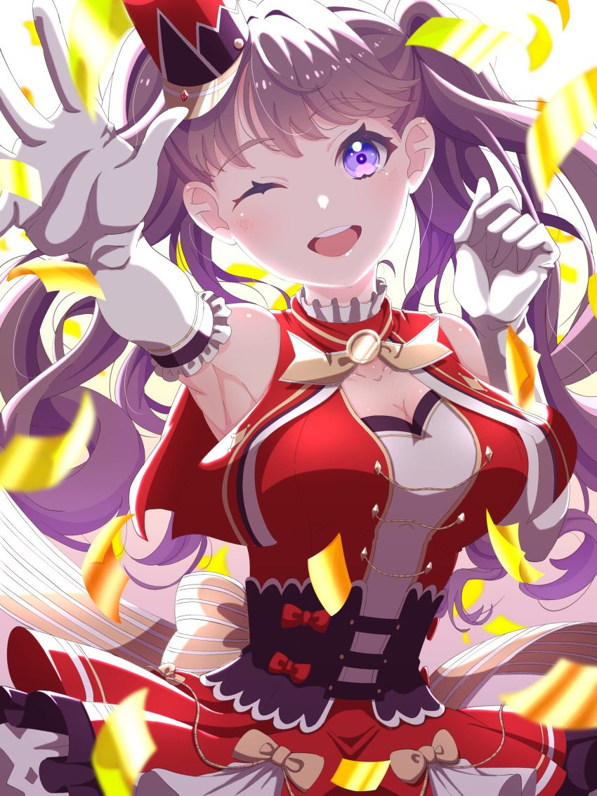 1girl, ;d, absurdres, armpits, breasts, brown_hair, cleavage, collarbone