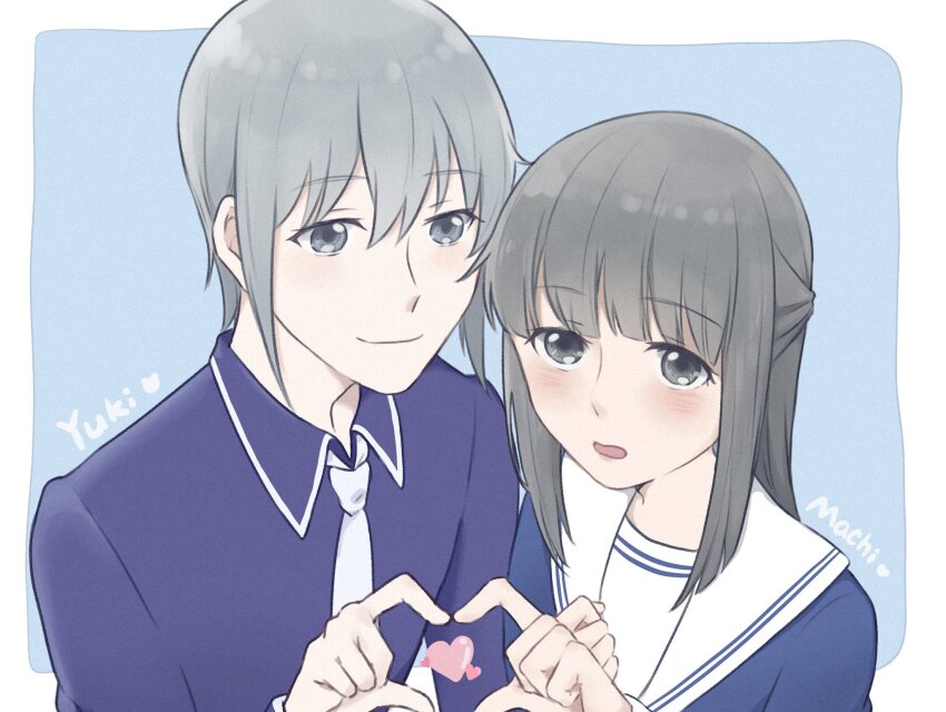 1boy, 1girl, blush, character_name, commentary_request, fruits_basket, grey_eyes, grey_hair