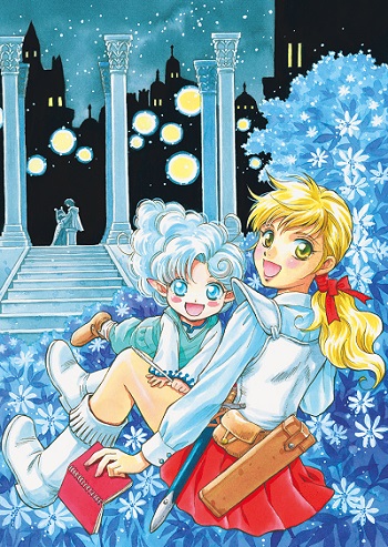 2girls, blonde_hair, blue_eyes, blush_stickers, boots, fortune_quest, green_eyes, long_hair