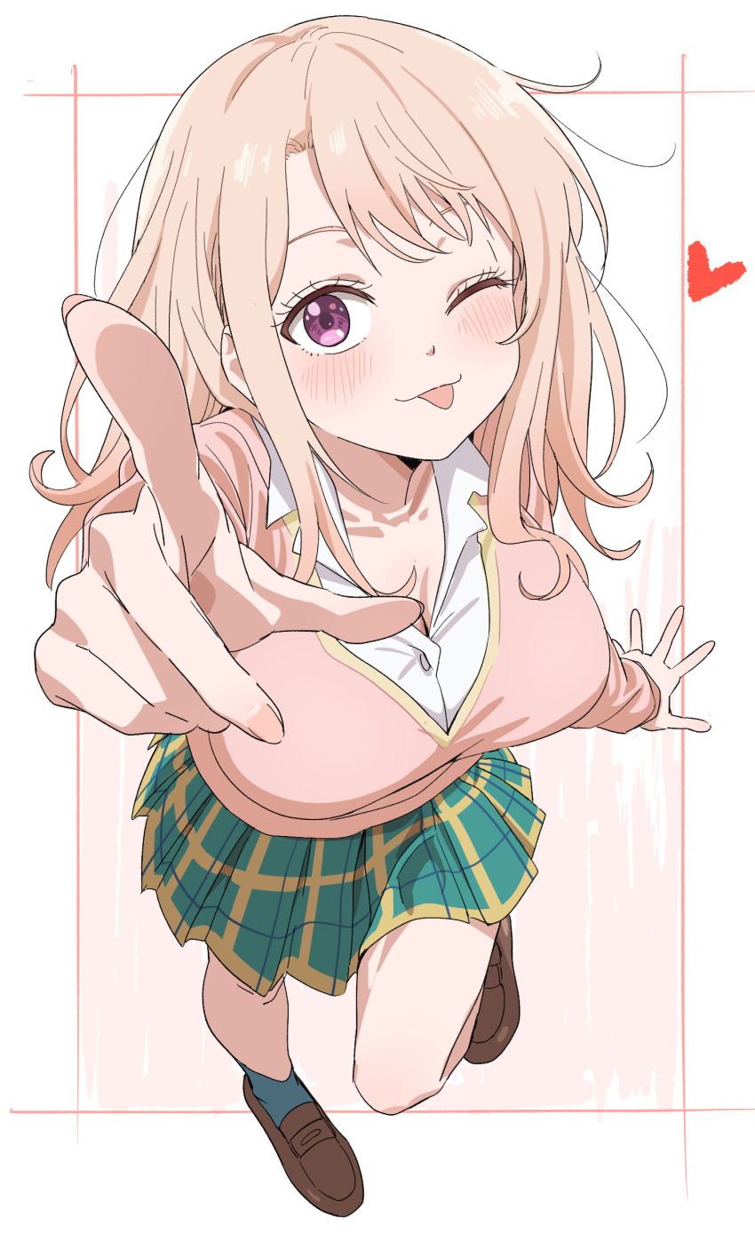 1girl, absurdres, arm_up, blonde_hair, blush, cardigan, commentary_request, from_above