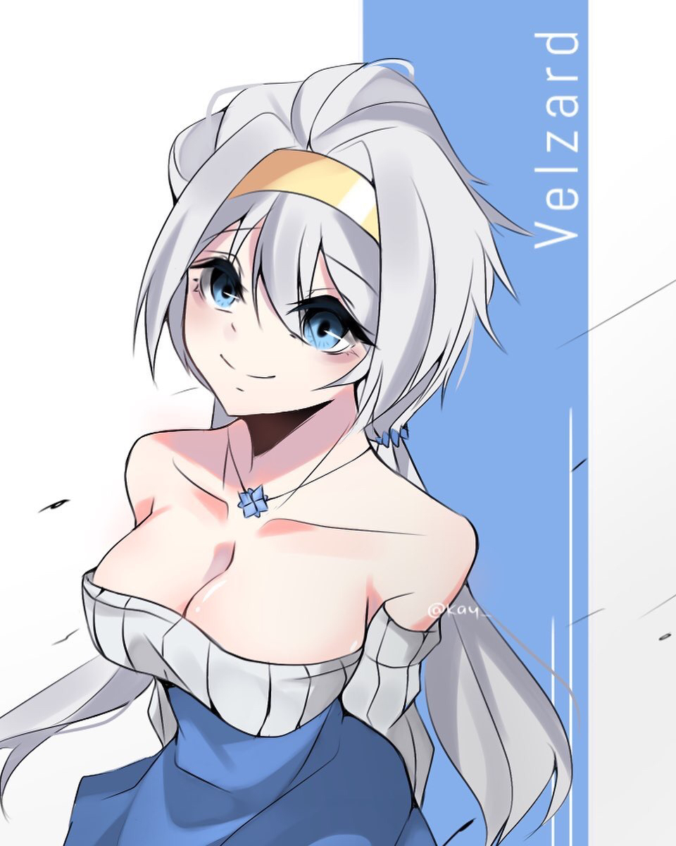 1girl, arms_behind_back, bare_shoulders, blue_background, blue_dress, blue_eyes, breasts, character_name