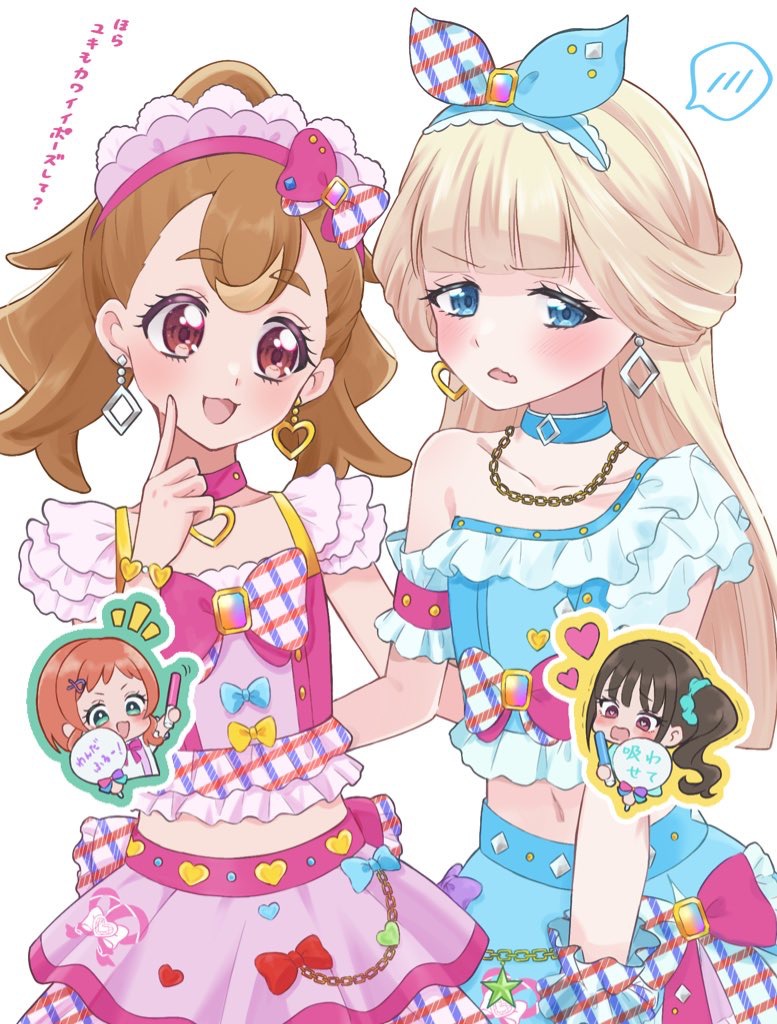 4girls, aqua_jacket, aqua_scrunchie, blonde_hair, blue_choker, blue_eyes, blue_hairband, blue_shirt