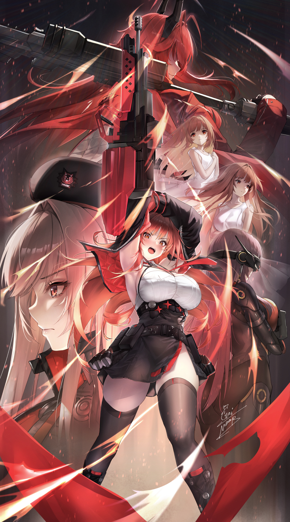 2girls, age_progression, anti-materiel_rifle, barrett_m82a2, belt, beret, black_belt, black_skirt, black_thighhighs, breasts, brown_hair, bullpup, child, closed_mouth, commentary, cropped_jacket, dress, english_commentary, facing_to_the_side, gainoob, goddess_of_victory:_nikke, gun, hat, highres, holding, holding_gun, holding_weapon, horns, large_breasts, long_hair, looking_at_viewer, machine_gun, mechanical_horns, multiple_girls, open_mouth, rapi_(mass_produced)_(nikke), rapi_(nikke), rapi_(red_hood)_(nikke), rapi_(young)_(nikke), red_eyes, red_hair, red_hood_(nikke), rifle, shirt, signature, skirt, sleeveless, sleeveless_shirt, sniper_rifle, thighhighs, v-shaped_eyebrows, weapon, white_dress, white_shirt