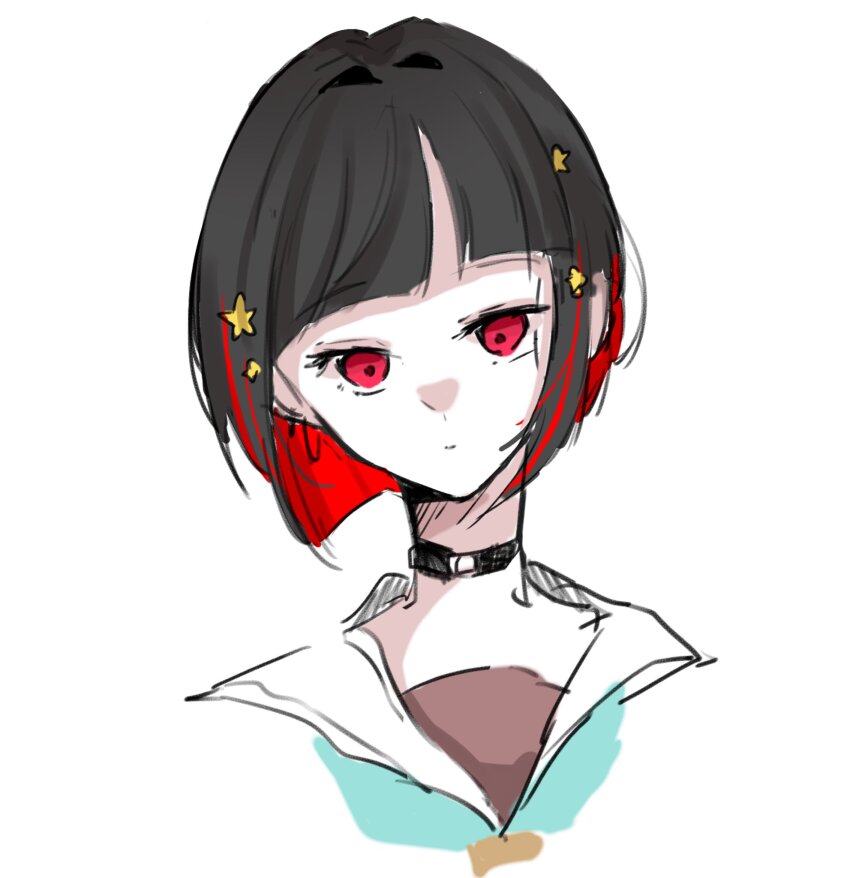 1girl, alternate_hair_color, aqua_neckerchief, black_choker, black_hair, bob_cut, brown_dress, check_commentary