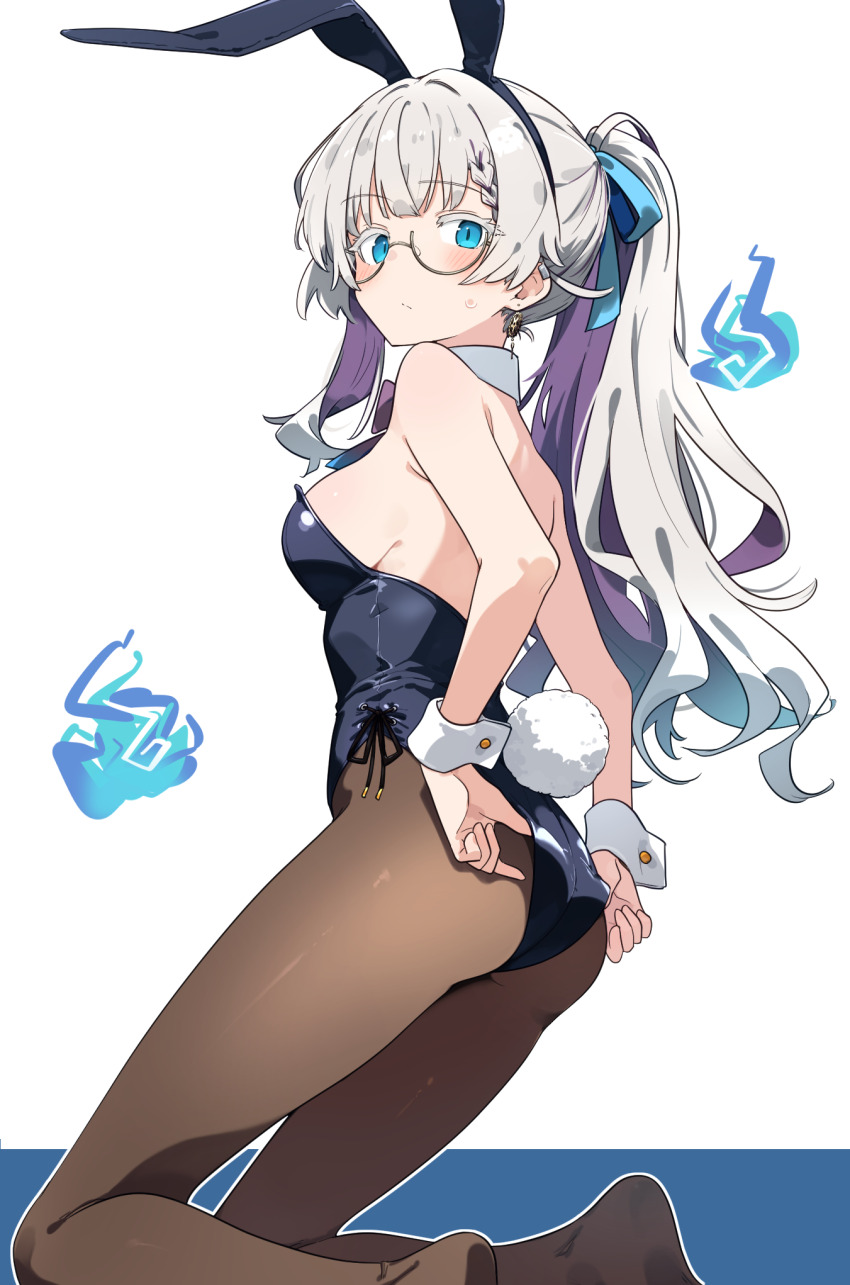 1girl, alternate_costume, animal_ears, black_leotard, breasts, fake_animal_ears, fake_tail, glasses
