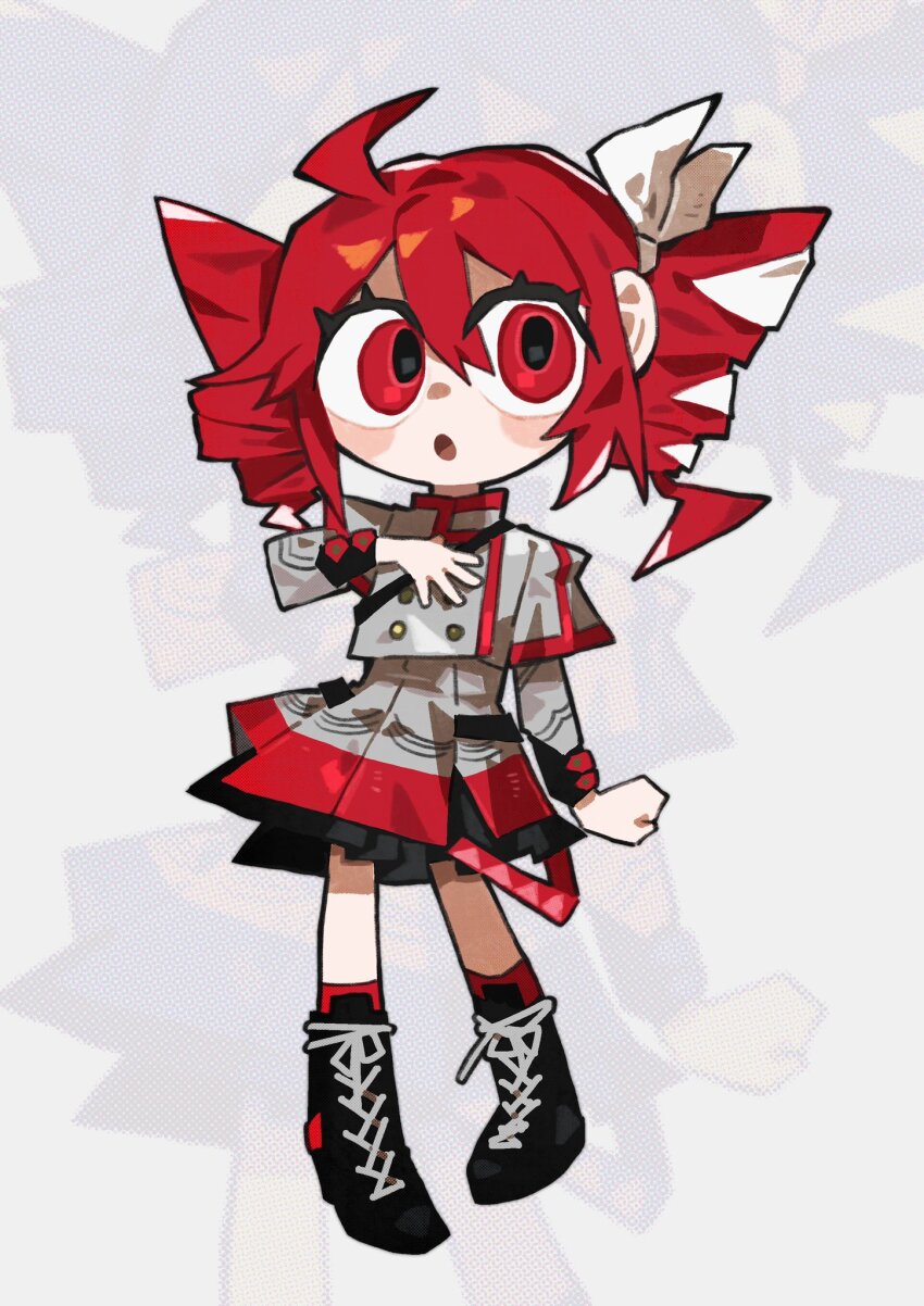 1girl, ahoge, arm_at_side, belt, black_boots, boots, bow, buttons