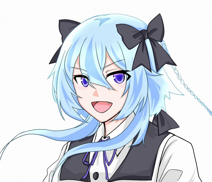 1girl, :d, arms_at_sides, assault_lily, black_bow, blue_hair, blush, bow