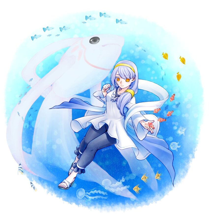 1girl, clownfish, dress, elefee, familiar, fish, grey_hair, hairband, highres, izumi_(under_night_in-birth), jellyfish, kano52k, long_hair, sandals, side_ponytail, tropical_fish, under_night_in-birth, under_night_in-birth_2_sys:celes, white_dress, yellow_eyes, yellow_hairband